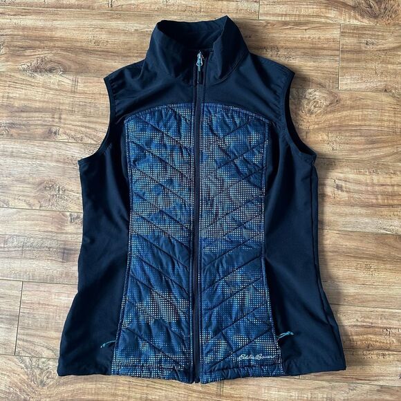 Eddie Bauer Women’s Medium Black Blue Dot Print Puffer Vest Jacket Lightweight - Picture 1 of 13